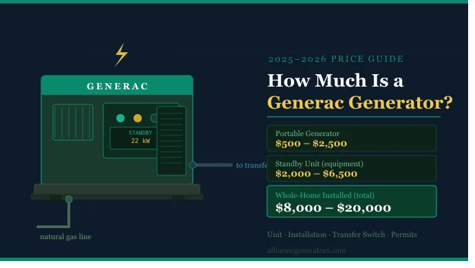 How Much Is a Generac Generator? Generac standby generator with 2025-2026 price guide showing costs from $500 to $20,000 installed